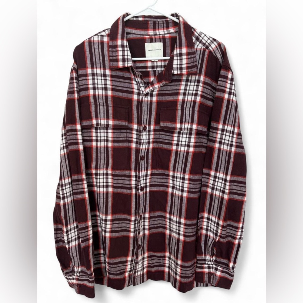 Men's American Eagle Burgundy Plaid Flannel Button Down XL Like New‎ Stylish
